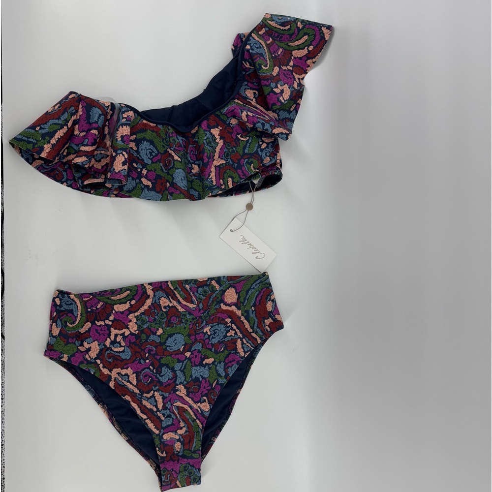 NWT Cleobella Mae corozal Multicolor One-Shoulder Bikini set szL - Picture 3 of 10